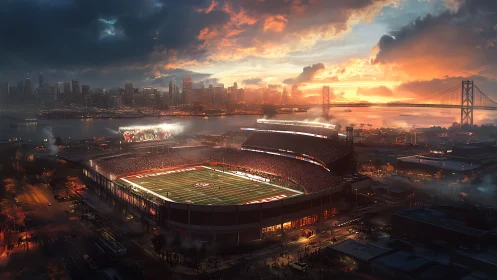Sunset football stadium overlooks glowing coastal skyline
