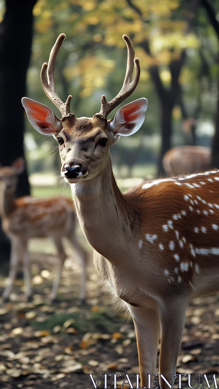 Young spotted deer stands alert in a soft autumn woodland glow