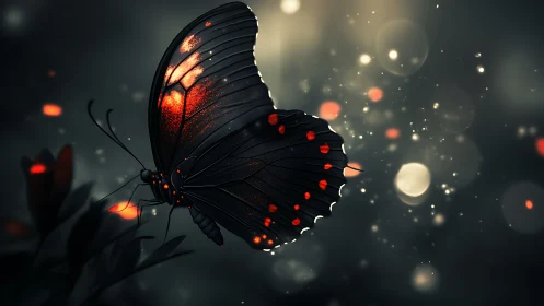 Emberwing butterfly drifts through dusk-lit particle sparks.