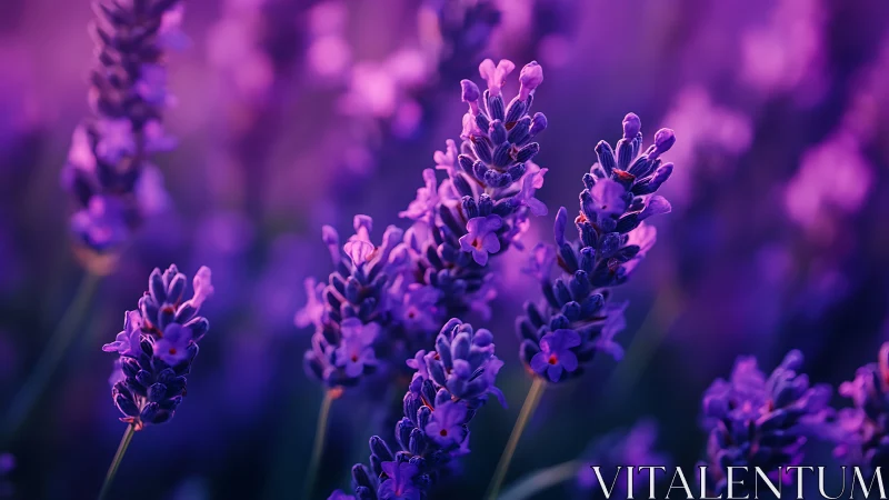 Purple lavender flowers in shallow depth of field botanical composition.