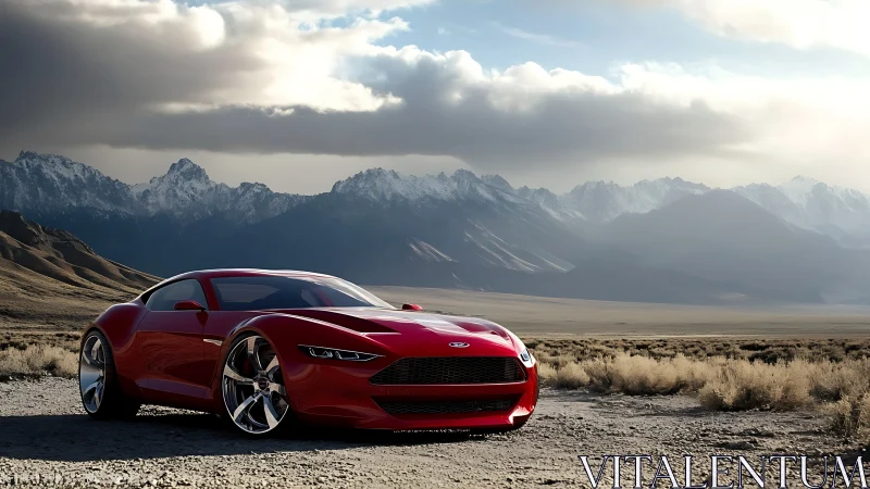 Photorealistic red sports coupe on arid mountain plain at dusk.
