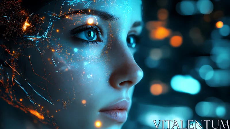 Cybernetic female portrait fused with glowing neural data