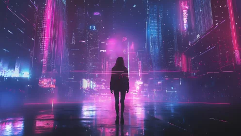 Neon city wanderer in a dreamy cyber nightscape.