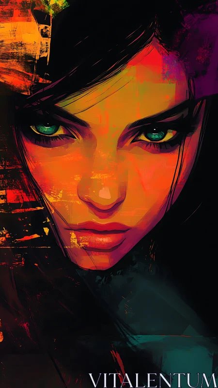 Intense neon portrait isolates piercing teal eyes and glare