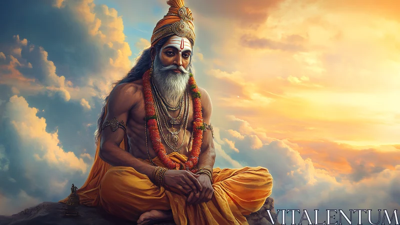 Serene sage in saffron robes meditates above glowing clouds