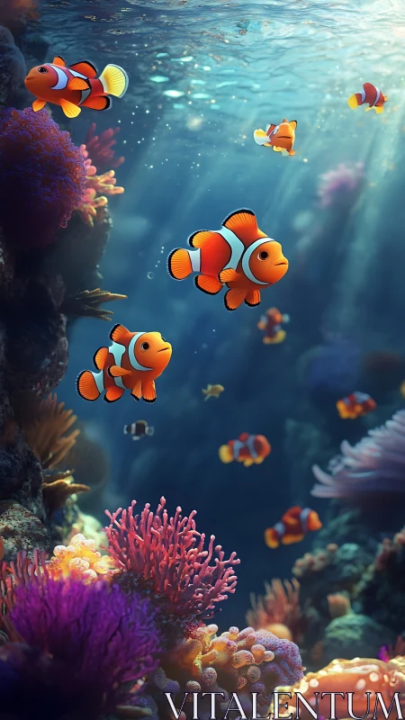 Playful clownfish glide through a glowing coral reef world