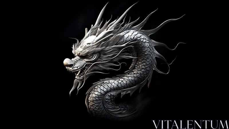 Silver-scaled dragon coils in dramatic monochrome light.