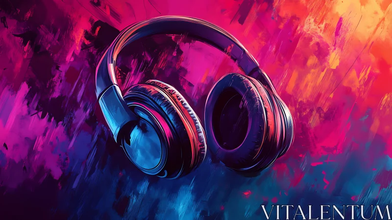 Neon headphones floating in vivid abstract color storm.