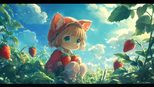 Fox-eared child holds ripe strawberries under vivid sky