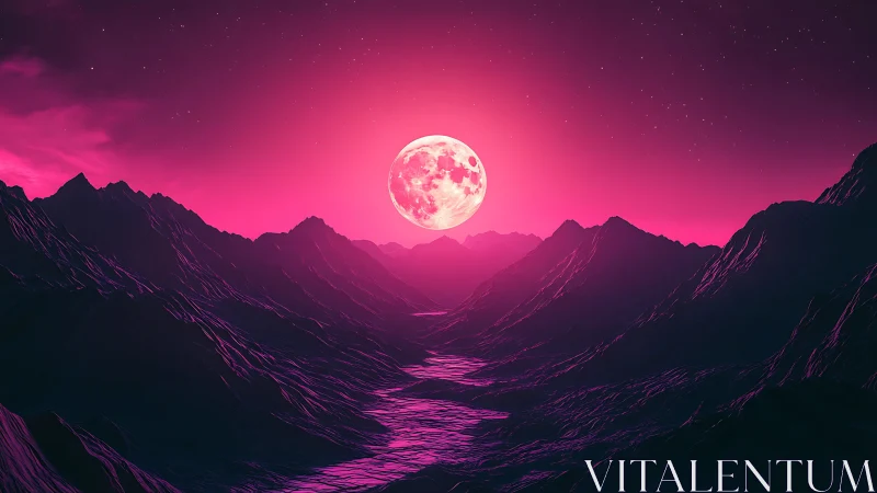 Radiant pink moon rises over glowing neon alien valley