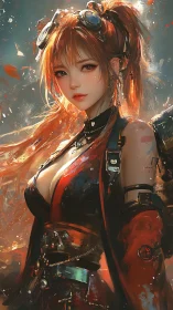 Steampunk warrior girl stands in glowing painterly haze