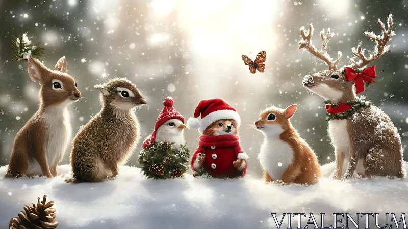 Woodland animals sit in snowy clearing wearing Christmas outfits