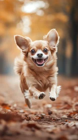 Joy-sprinting autumn pup with comedy ears in midair stride.