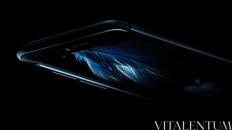Sleek black smartphone with feather wallpaper in dramatic lighting.