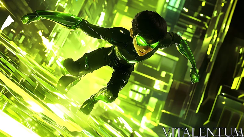 Cyber runner charges through neon green digital cityscape.