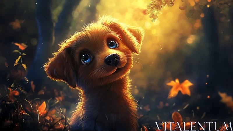 Backlit autumn puppy portrait uses soft bokeh and warm rim light