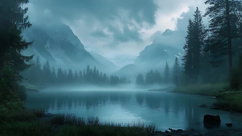 Moody alpine lake with misted conifers in digital painting style.