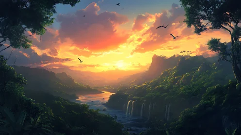 Tropical river valley at sunset with cascading waterfalls.