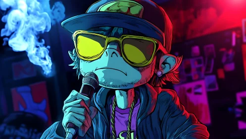 Cool neon rapper holds the mic under bold club lights
