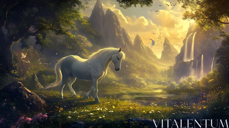 White unicorn wanders through an enchanted golden valley.