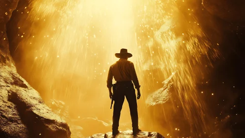 Lone explorer bathed in golden cave light and quiet wonder.