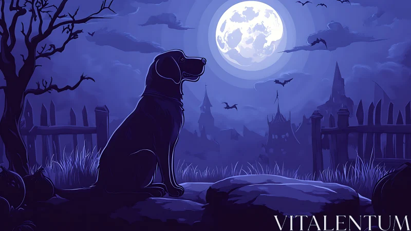 Moonlit dog sentinel in eerie blue haunted graveyard scene.