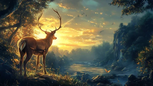 Majestic stag at sunrise in enchanted forest, digital fantasy art.