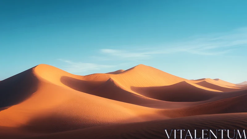 Sunlit desert dunes under clear cyan morning sky.