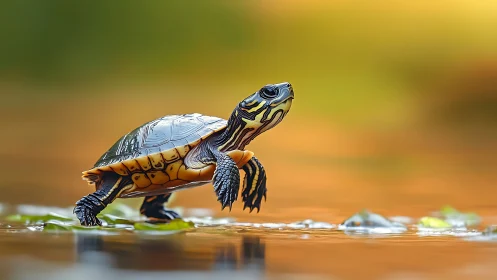 Young turtle steps through golden water in soft sunlight