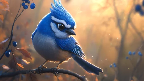 Vibrant blue songbird perched on branch, digital art realism.