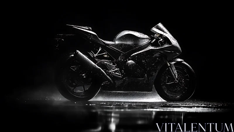 High-contrast superbike profile in rain-saturated low-key lighting.