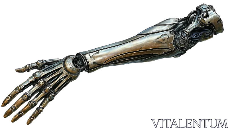 Clockwork chrome cybernetic arm poised between flesh and myth.