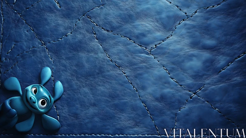 Blue cartoon creature on stitched leather surface background.