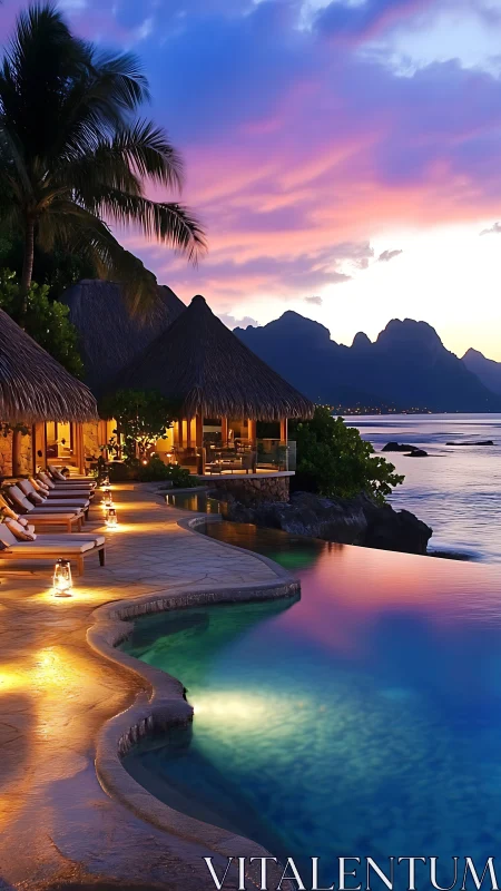 Coastal resort infinity pool at sunset with mountain backdrop.