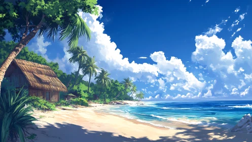 Tropical Beachfront Architecture: Thatch-Roofed Structure With Procedural Water And Volumetric Cloud