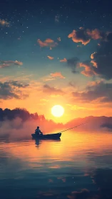 Solitary dream fisher adrift beneath ember drenched dawn.