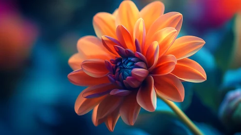 Digitally rendered dahlia specimen with volumetric orange petals against bokeh background