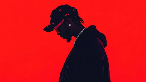 Silhouetted man in profile stands against flat red backdrop