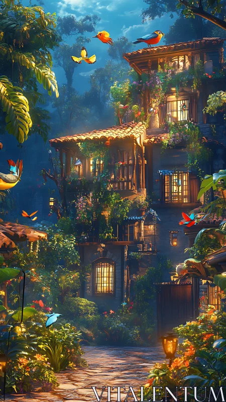 Firefly windows and bird-bright gardens in twilight bloom.