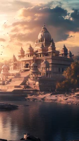 Sunlit riverside palace rendered in warm architectural detail