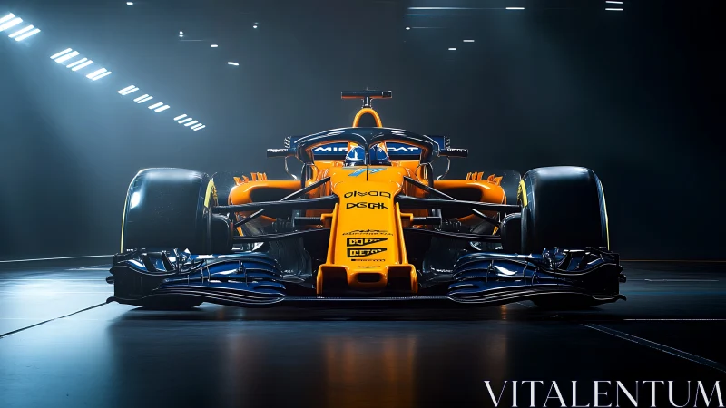 3D studio-lit Formula race car with dramatic frontal symmetry.
