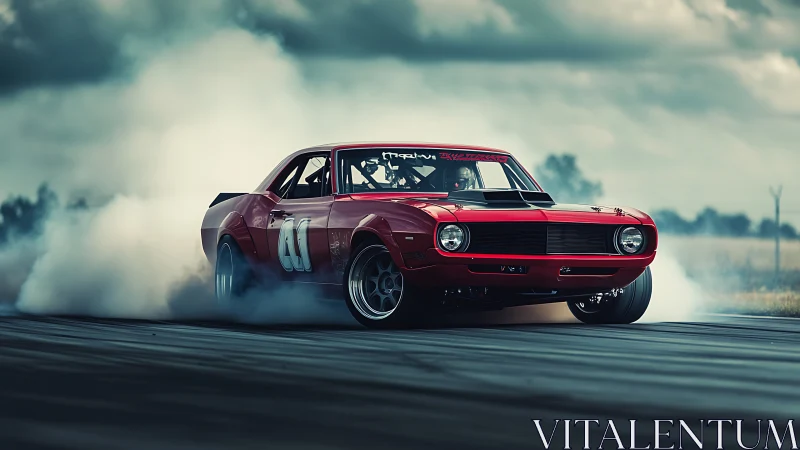 Red classic race car drifting on track in heavy tire smoke.