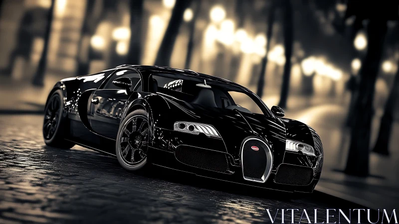 Midnight black supercar glides through glowing city streets