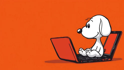 Cartoon puppy coder happily camped inside bright laptop