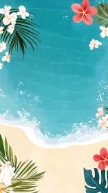 Tropical shoreline curls softly while flowers frame the surf