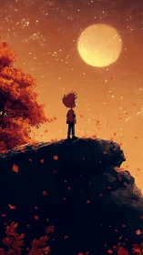 Child stands on autumn cliff under glowing harvest moon