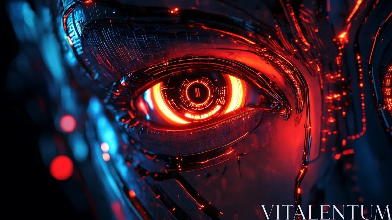 Red illuminated cybernetic eyes in close digital focus.