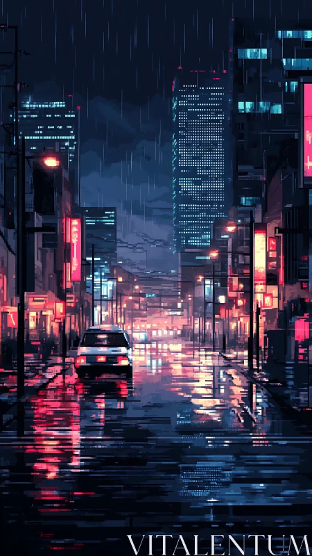 Neon city street shimmers under rain in pixel nightscape