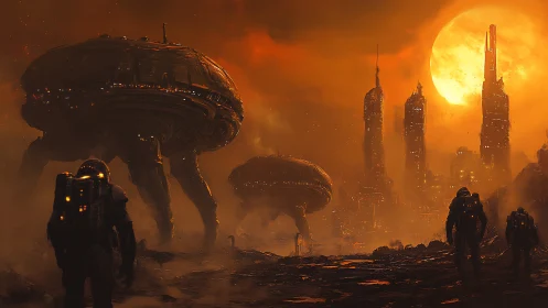 Colossal walkers escort explorers toward the molten skyline