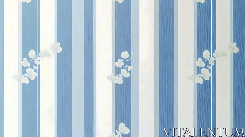 Vertical blue and white striped wallpaper with floral elements.